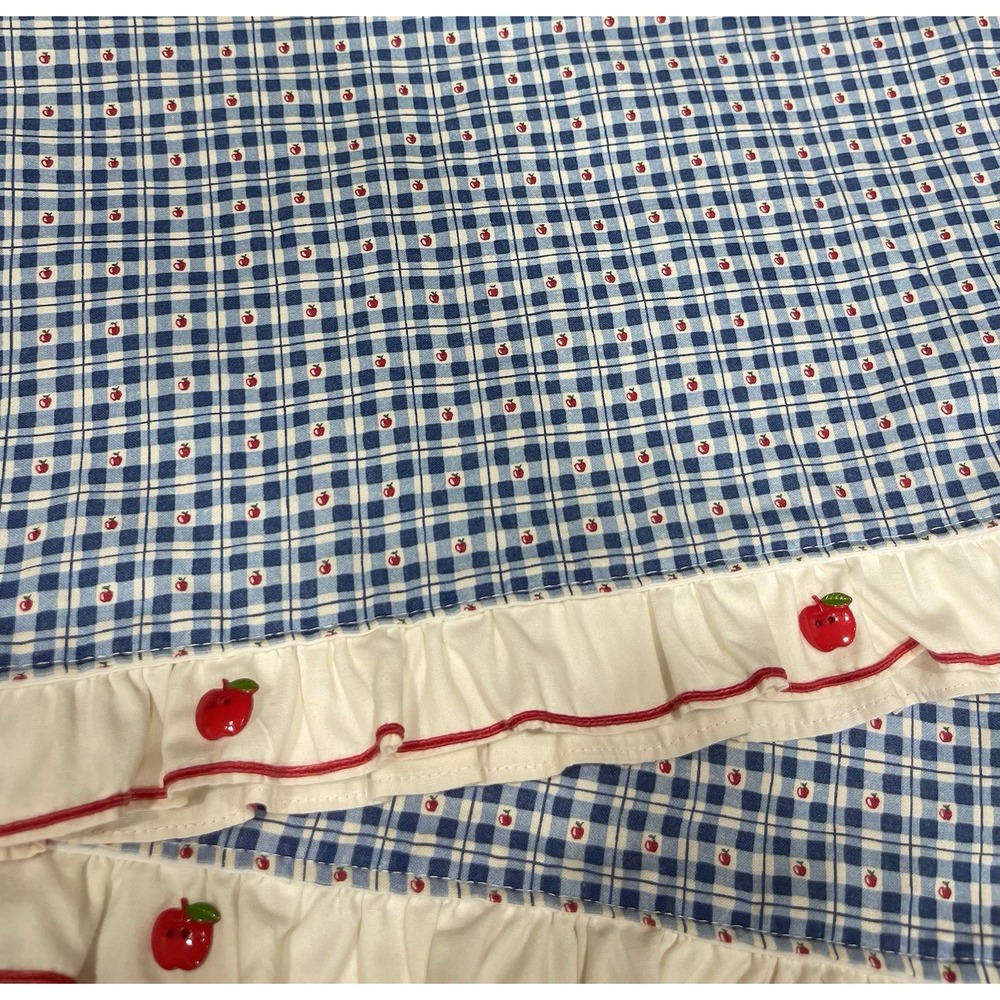 Vintage Country Cottage Beaded Apple Kitchen Valance Curtain 66.5x18 Plaid Blue